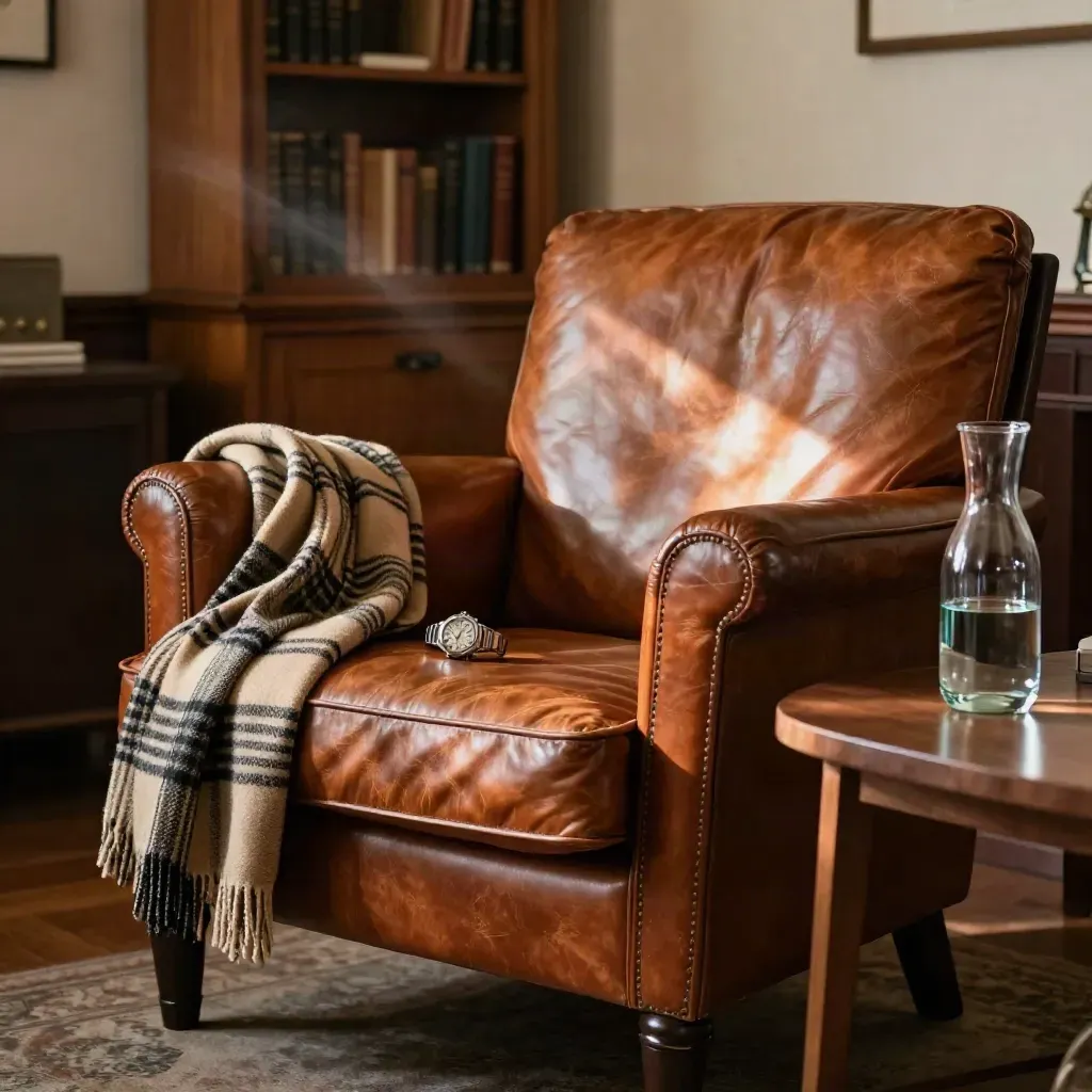 Fauteuil en cuir patiné, montre acier, plaid en laine et carafe d’eau dans une lumière de fin d’après-midi.