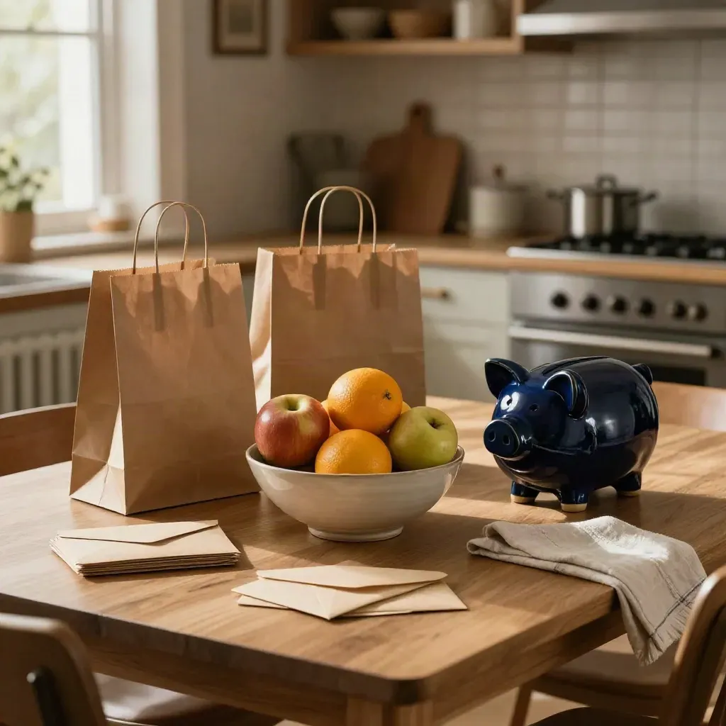Table de cuisine du soir avec sacs de courses, fruits, tirelire marine et enveloppes de budget.