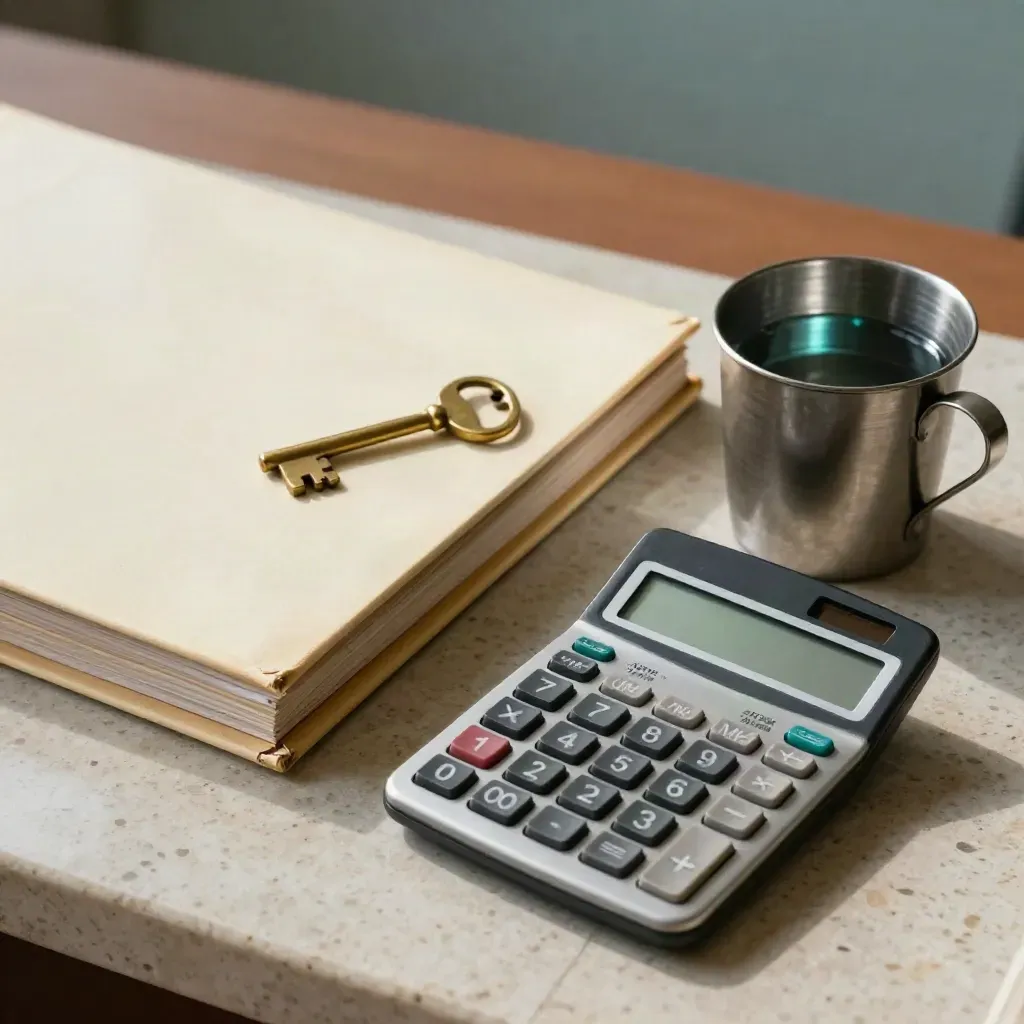 Dossier crème, clé laiton et calculatrice sur une table, lumière froide de bureau.