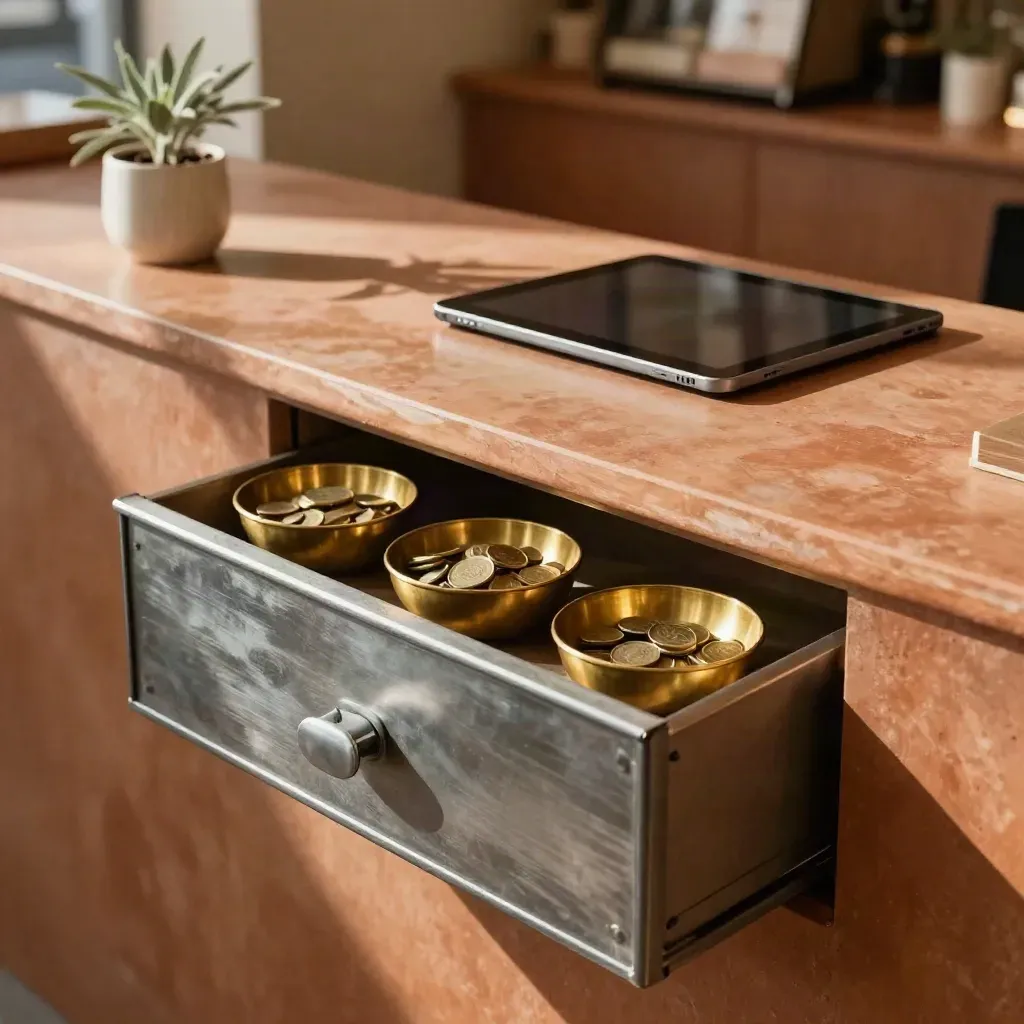 Vue zénithale d’un tiroir-caisse, trois coupelles de pièces, une tablette éteinte et une plante sur un comptoir.