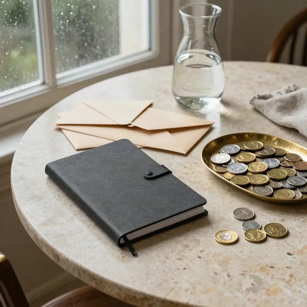 Carnet fermé, enveloppes, carafe d’eau et pièces sur une table en travertin, lumière du matin.
