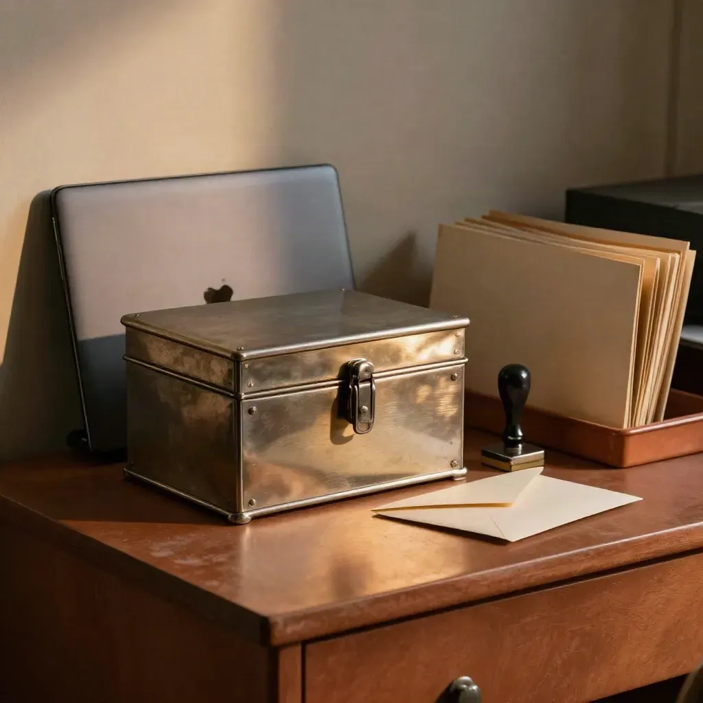 Boîte métallique, ordinateur fermé, enveloppe crème et tampon en acier sur un bureau d’atelier.