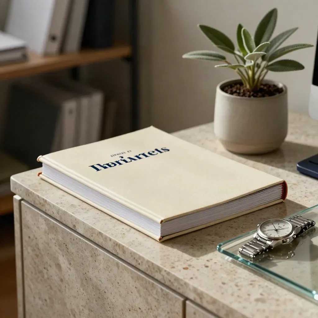 Dossier assurance vie se refermant près d’une montre, d’une plante et d’un plateau de verre.
