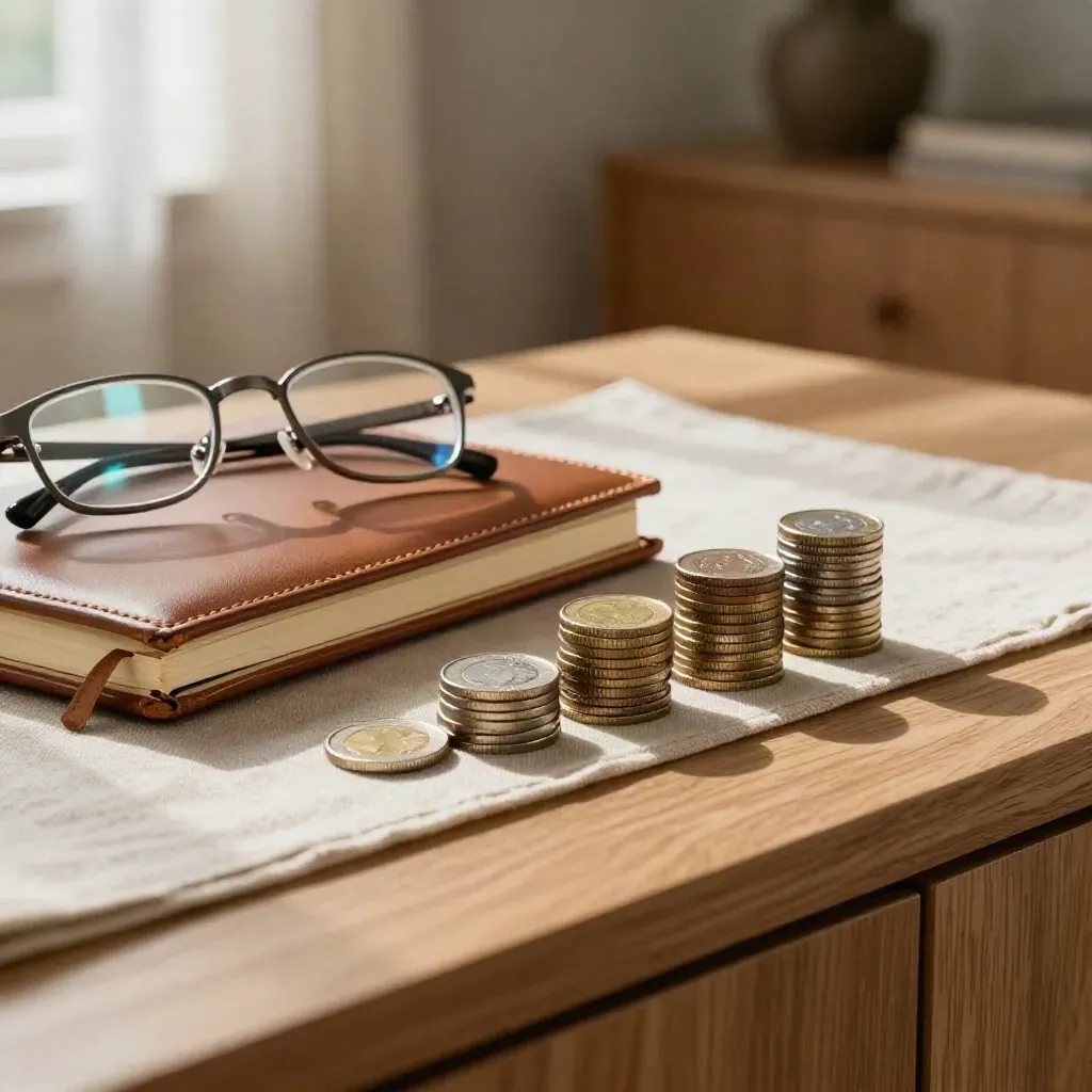 Carnet de cuir, lunettes de lecture et trois piles de pièces sur un sideboard, lumière douce.