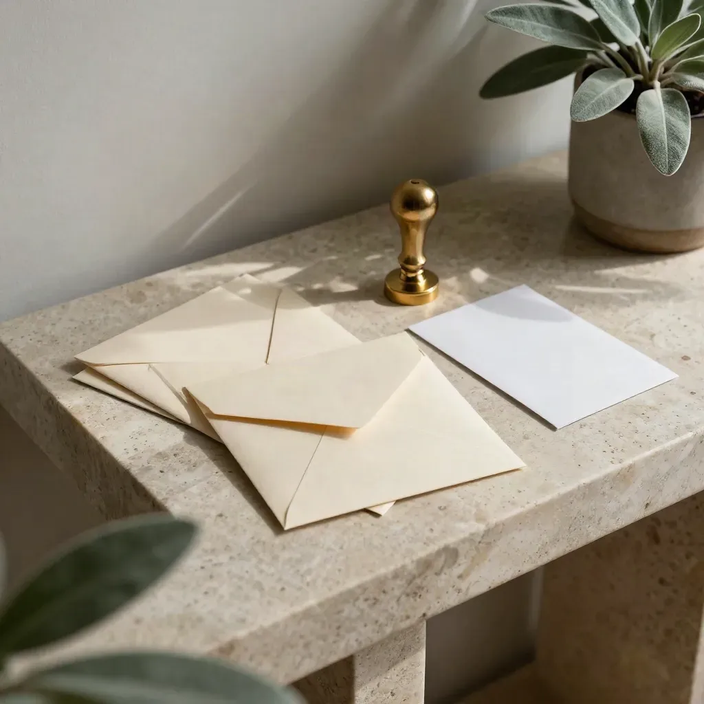 Enveloppes neutres, tampon en laiton et carte pliée sur travertin, avec une petite plante.