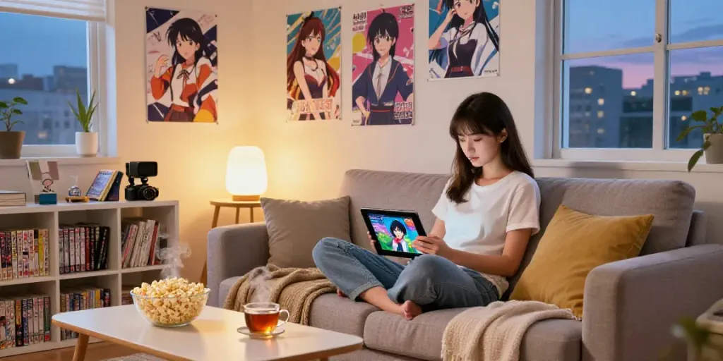 Femme regardant l'application Senpai Stream dans un salon chaleureux avec des posters d'anime.
