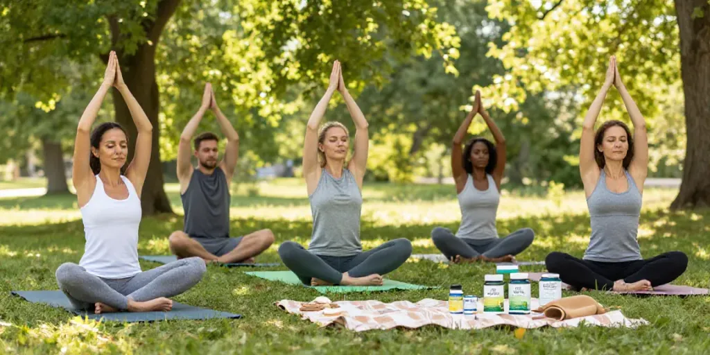 Outdoor yoga session with Natura Force supplements, promoting wellness and vitality.