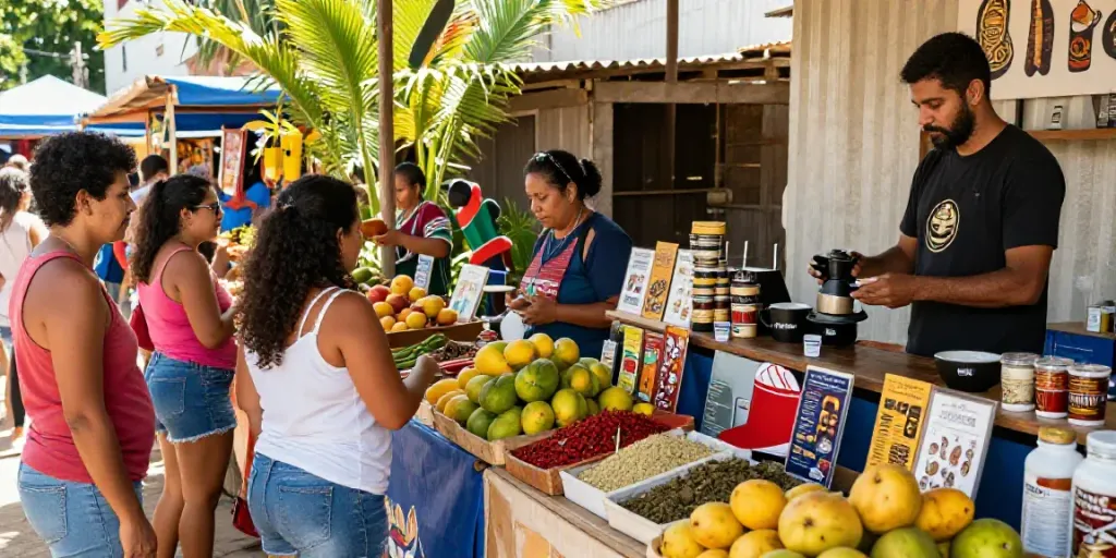 Scène de marché brésilien vibrant mettant en vedette des produits locaux, capturant l'animation des acheteurs.
